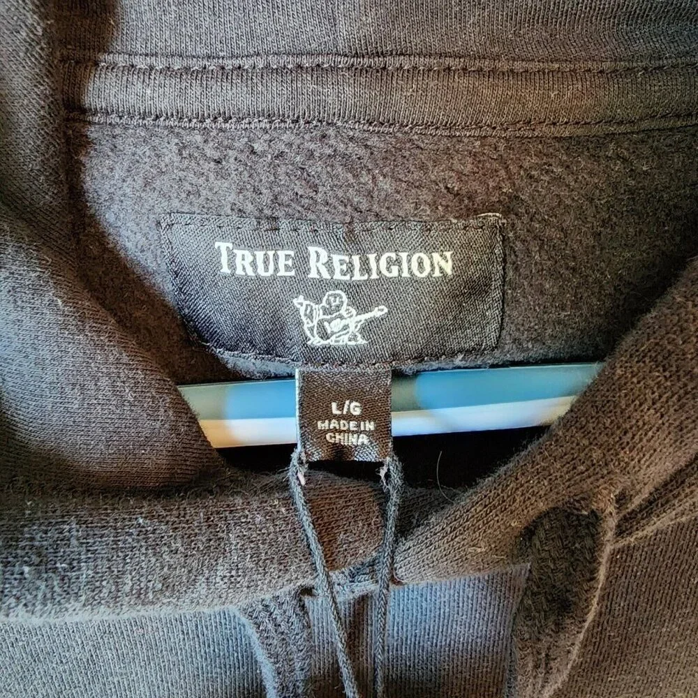 True Religion Black White‎ Spellout Pullover Drawstring Hoodie Size Large
